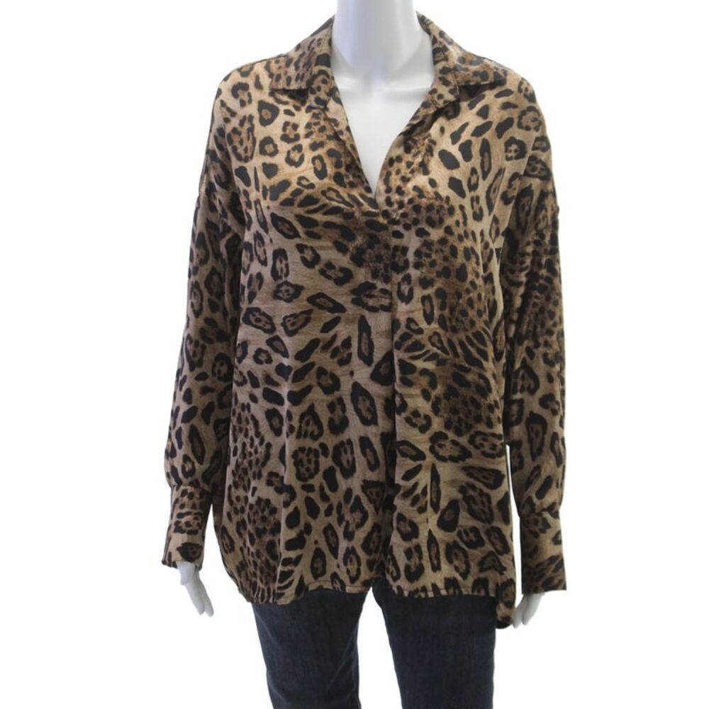 Vie Ta Vie Womens Beige Animal Print Collared Long Sleeve Basic Blouse Size L